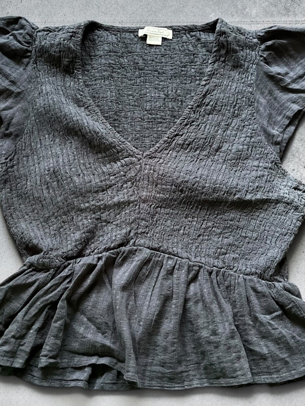 Y2K American Eagle V-Neck Babydoll Top Size XL Smocked + Flared Black Preppy